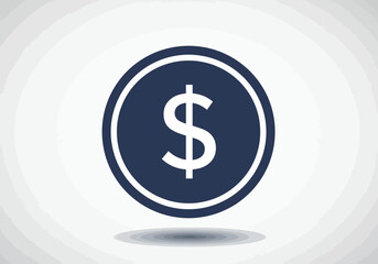 A dark blue coin with a white dollar sign in the center casts a shadow on a white background