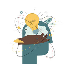 Creative idea concept. Brainstorm. Generation of ideas. Silhouette of a human head with a light...