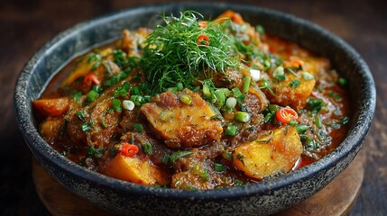 Nigerian yam porridge served with green vegetables