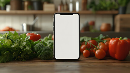 Smartphone with Blank Screen on Wooden Table Surrounded by Fresh Vegetables – Ideal for Cooking