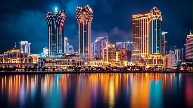 Futuristic Urban Skyline with Neon Lights and River View

