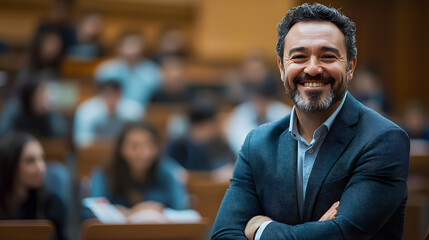 Obraz premium Joyful Professor in Sharp Suit Engaging with Students in Lecture Hall