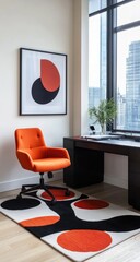 Modern home office corner with orange chair and artwork