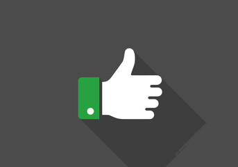 A white thumbsup icon with a green cuff on a dark gray background