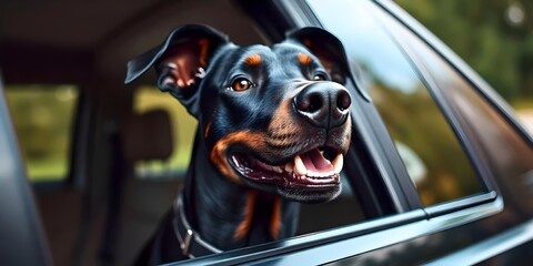 black dog rottweiler doberman pet that has its head out of the car window wide