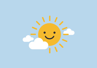 Cheerful cartoon sun with a smile surrounded by fluffy white clouds against a light blue sky
