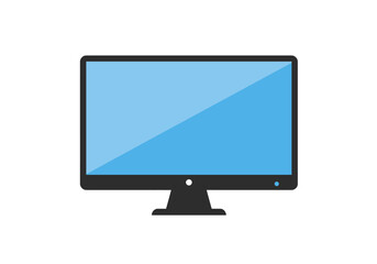 Illustration of a flat screen monitor with a blue display and black bezelstand on a white background