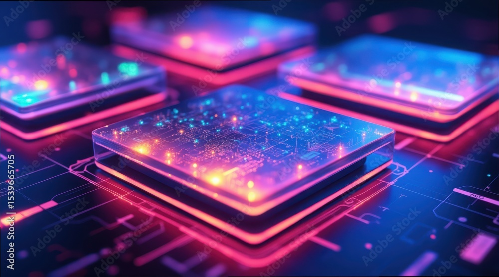 Poster close-up render of glowing circuit board cards in vivid colors