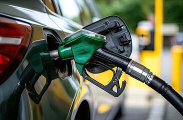 Close-up of a dark green car at a gas station with a fuel pump nozzle inserted into the open fuel tank