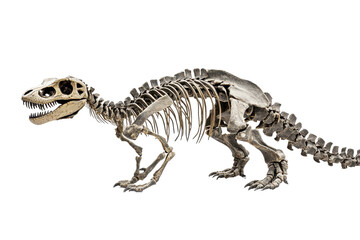 Fototapeta premium Tyrannosaurus skeleton displayed on a clean white background showcasing its impressive size and unique skeletal features, representing one of the most famous dinosaurs known to science