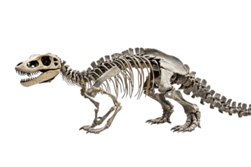 Tyrannosaurus skeleton displayed on a clean white background showcasing its impressive size and unique skeletal features, representing one of the most famous dinosaurs known to science