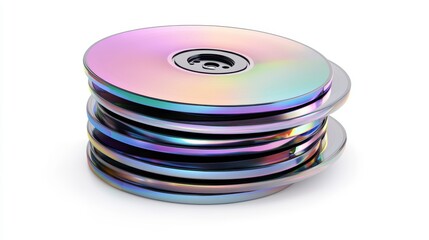 Fototapeta premium Stack of iridescent CDs on white background.