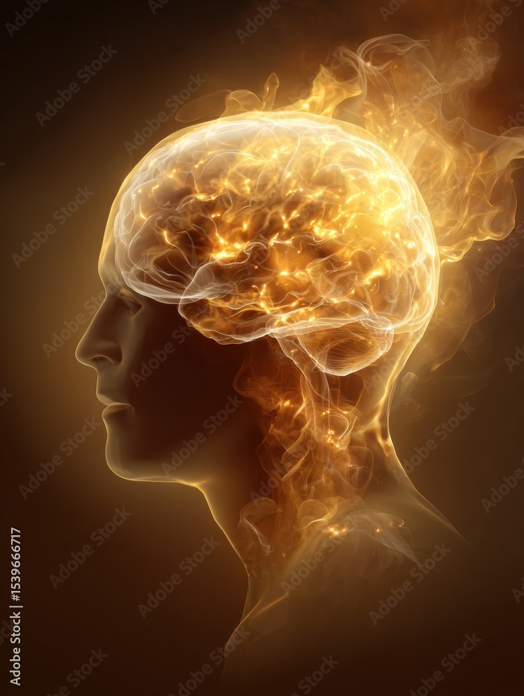 Poster overheated brain symbol glowing within silhouette creating vibrant soft gradients at a conceptual ma