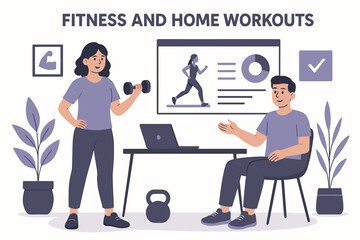 Fototapeta premium Modern Flat Style Fitness and Home Workout Vector Illustration with Man and Woman Exercising Indoors Using Dumbbells and Laptop for Healthy Lifestyle Concepts