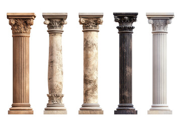 Obraz premium Antique column set showcasing five distinct styles and finishes isolated on a white background to highlight intricate design and craftsmanship