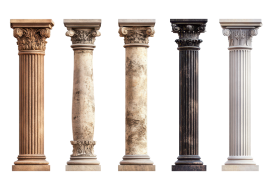 Antique column set showcasing five distinct styles and finishes isolated on a white background to highlight intricate design and craftsmanship