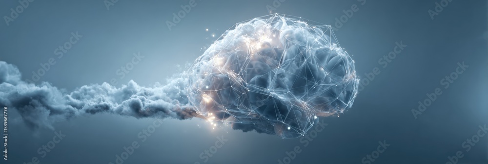 Poster storm cloud hovers above a transparent brain against a soft blue background, evoking thoughts of cre