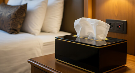A black tissue box sits on a wooden nightstand in a hotel room, next to a bed.