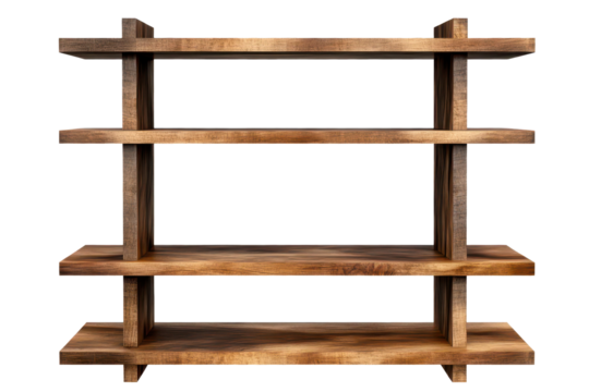 Bookshelf with multiple shelves designed for home or office use to display books, decor, and collectibles isolated on a transparent background for versatile application