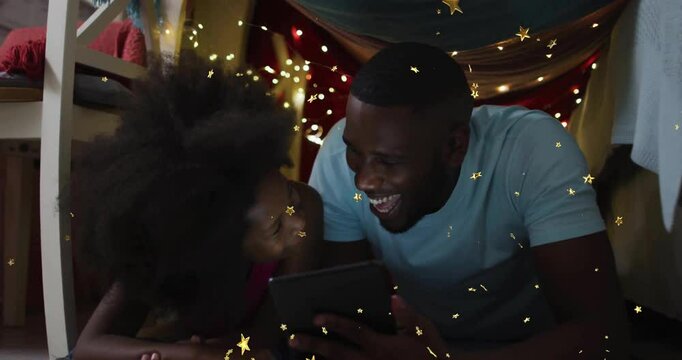 Father tapping tablet, daughter giggling in fort beneath bunk, sparking animated learning story