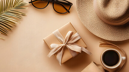 Stylish gift box with ribbon, accompanied by coffee, glasses, and hat on beige surface