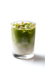 Iced Matcha Latte in a Glass Isolated oN White