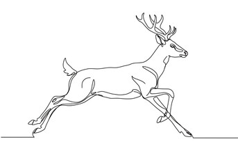 Fototapeta premium Continuous line drawing of a deer with antlers leaping across a white background in a minimalist style