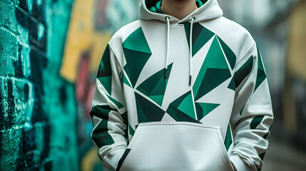 Trendy Hoodie with Geometric Green Patterns on White Background for Casual Wear