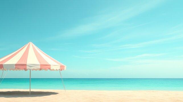 Striped carnival tents on a beach. 