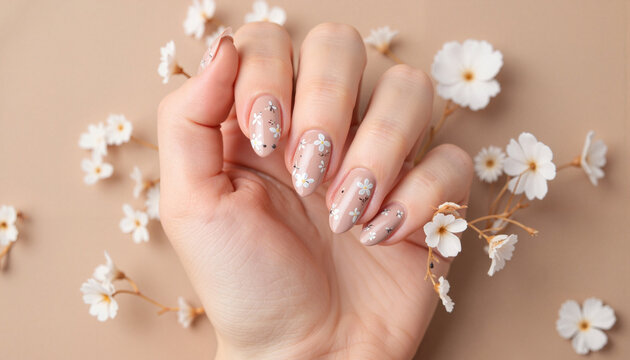 Nail art design with floral patterns on elegant hand against beige background - Powered by Adobe