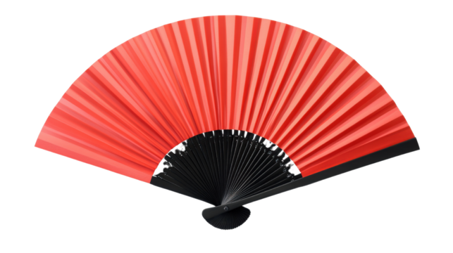 Red and black handheld folding fan with decorative pattern and elegant fabric design isolated on white background