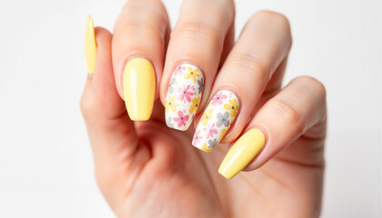 Manicure with floral design on yellow nails
