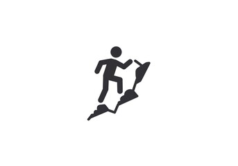 A black silhouette of a person climbing a rocky mountain on a white background in a simple illustration