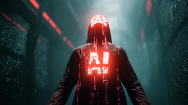 Dark futuristic scene with glowing AI symbol
