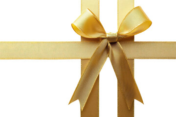 Beautiful golden ribbon bow over a pristine white background, perfect for gift wrapping and special occasions like birthdays or holidays enhancing the presentation of any present