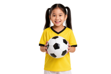 Joyful Girl and Soccer Ball: A charming young girl with pigtails, wearing a vibrant yellow jersey, gleefully cradles a soccer ball. Her infectious smile radiates excitement.
