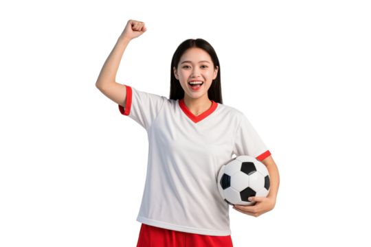 Soccer Celebration: An Asian athlete triumphs, joyously clutching a soccer ball, symbolizing her team's victory in a captivating sports moment.