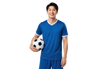 Soccer Player in Blue Jersey: A young, smiling soccer player confidently holds a soccer ball, radiating energy and enthusiasm in a dynamic pose.