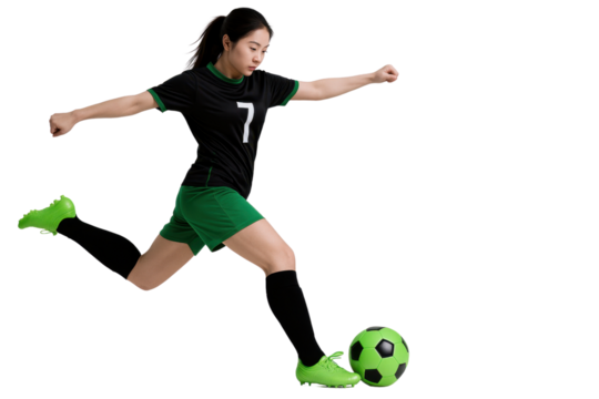 Dynamic Football Kick: A young female athlete powerfully kicks a soccer ball, embodying the energy and focus of the sport with determination.