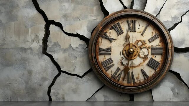 Old broken clock with roman numbers on cracked wall showing concept of time and destruction