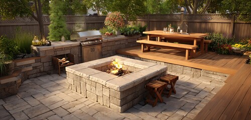 Outdoor living space with stone patio fire pit grill and wooden dining set surrounded by greenery