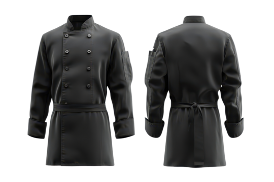 Black chef jacket mockup showcasing front and side views with detailed stitching and design, suitable for culinary professionals and restaurants in various settings