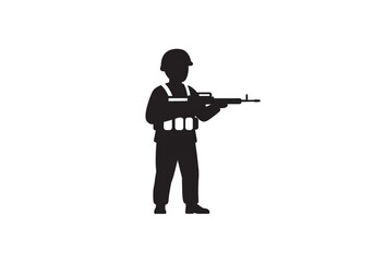 A silhouette of a soldier in uniform holding a rifle on a white background in a simple illustration