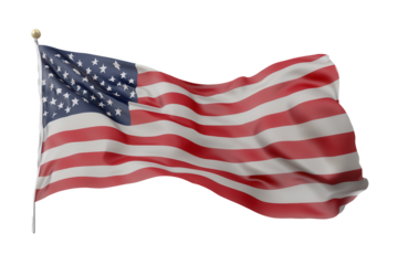 Waving American flag with vibrant colors displayed on a transparent background, symbolizing patriotism and national pride for various occasions