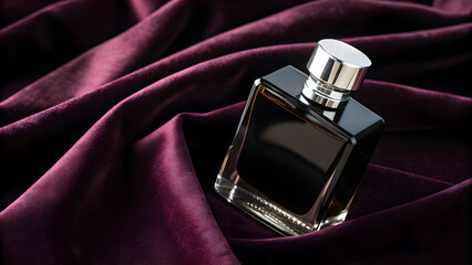 Black Perfume Bottle on Velvet Cloth &ndash; Luxurious Fragrance Display with Elegant Texture

