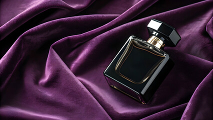 Black Perfume Bottle on Velvet Cloth &ndash; Luxurious Fragrance Display with Elegant Texture

