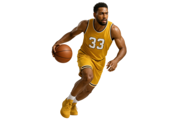 Basketball Player Dribbling: Dynamic basketball player in yellow jersey with number 33 dribbling the ball, showcasing athleticism and skill. 