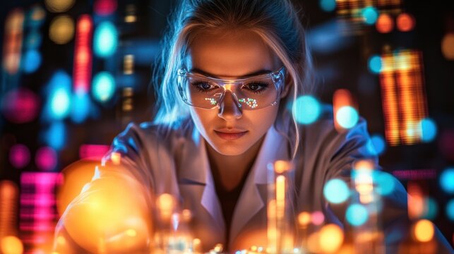 A female scientist in a white lab coat and glasses is carefully examining a test tube with a bubbling multicolored liquid. Holographic data diagrams are projected in the background.