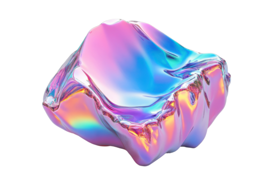 Iridescent shape render showcases a vibrant and colorful glass-like form isolated against a white background, capturing light in a unique way