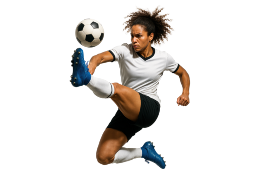 The Soccer Player's Aerial Mastery: Capturing a decisive moment of athletic grace and skill, a determined soccer player executes a powerful kick, perfectly centered.